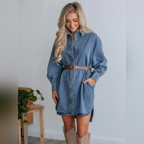 Dresses & Skirts - Oversized Denim Boyfriend Pocket Jean Collar Shirt Dress Long Sleeve High-low Mi